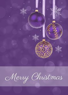 purple christmas card with three ornaments hanging from it's sides and snowflakes in the background