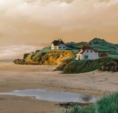 some houses are on the sand by the water