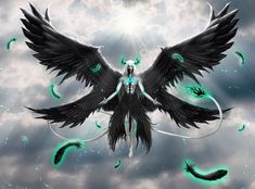 an angel with black wings is flying through the air and surrounded by green feathers on a cloudy day