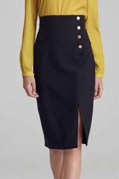 A simple knee-length pencil skirt is a perfect element of soft office style. Paired with a white shirt and a jacket it will create a classic office look, while paired with a patterned blouse it will break the canon. Pleasant to the touch viscose-blend fabric ensures high comfort of wearing, while gold buttons perfectly indicate what accessories go with the skirt. Spandex 2.1 % Polyester 74.8 % Viscose 23.1 % Size Lenght Hips width Waist width 36 71 cm 96 cm 72 cm 38 71 cm 100 cm 76 cm 40 72 cm 1 Womens Activewear Tops, Maternity Sleepwear, Skirt Model, Patterned Blouse, Classic Office, Buy Skirts, Knee Length Skirt Pencil, Stylish Skirts, Black Pencil Skirt