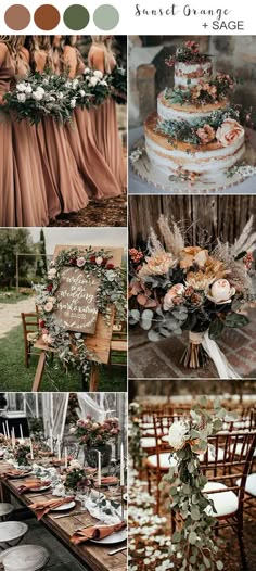 a collage of different pictures with flowers and greenery on them, including an orange cake