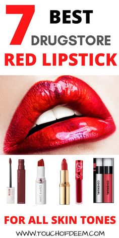 DISCOVER the 7 Best Drugstore Red Lipsticks that are Long-Lasting and for Every Skin Tone In all shades , deep red lipstick and more in this post #Bestdrugstoreredlipstickforfairskin #Bestdrugstoreredlipstick fordark skin #bestdrugstorered lipstickforoliveskin #makeupproducts #makeupguide #makeup Red Lipstick Shades, Rodan And Fields Business, Lip Sticks, Best Red Lipstick