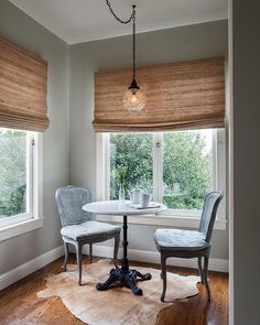 two chairs sitting at a table in front of a window with roman shades on the windowsill