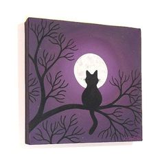 a painting of a cat sitting on a tree branch with the moon in the background