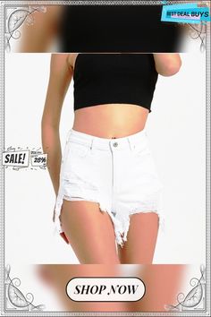 Women High Waist Ripped Short Jeans Pocket Denim Shorts Edgy White Denim Bottoms, Edgy High Rise Jean Shorts For Spring, Edgy High-rise Jean Shorts For Spring, Fitted Shorts With Zipper Closure For Summer, Fitted Summer Shorts With Zipper Closure, Edgy Jean Shorts For Summer, Summer Cotton Bottoms With Zipper Closure, Trendy Cutoff Shorts With Zipper Closure, Trendy Mid-rise Jean Shorts With Zipper Closure