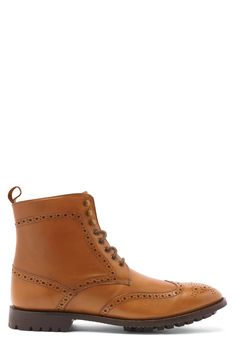 A wingtip and brogue details add timeless appeal to this lace-up leather boot with a Goodyear welt stitched to a durable rubber tread. Leather upper and lining, rubber sole Imported Wingtip Boots, Cozy Gift, Leather Boot, Ted Baker London, Goodyear Welt, Luxury Gifts, Active Women, Shoe Shop, Boots Men