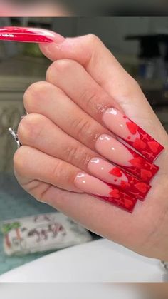 Vday Nails, Red Acrylic Nails, Long Acrylic Nail Designs, Nail Designs Valentines, Her Nails, Red Nail