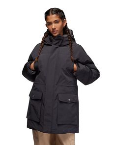 NEW WITH ALL TAGS ($325.00) WOMENS SIZE LARGE  Jordan Women's Down Parka Winter Jacket Black FB5085-010 Nature knows you mean business when you break out this parka. Down insulation makes it feel like you're wearing a comforter, while an internal cinch waist and adjustable cuffs let you switch up your silhouette. And big lower pockets mean you'll always have room for snacks. Benefits Slanted chest pockets are perfectly placed to help keep your hands warm. Extendable hood with a brim helps keep the weather out of your face. Internal media pocket lets you stow electronics away from wet weather. Product Details Center zip with hook and eye placket Brushed metal Jordan branded snaps Body: 82% polyester/18% nylon. Lining: 100% nylon. Fill: gray duck down (Minimum 75% down)/(APA Version: 75% gra Winter Coat Black, Jordan Jackets, Black Winter Coat, Jordans Women, Wet Weather, Down Parka, Break Out, Brushed Metal, Style Mistakes