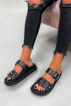 TOLD YOU Chunky Studded Buckle Sandals - Black Croc - 1 Cargos And Sandals, Trendy Black Chunky Platform Sandals, Edgy Chunky Platform Open Toe Sandals, Black Strappy Sandals Chunky, Black Chunky Platform Sandals For Streetwear, Edgy Black Studded Sandals, Platform Design, Croc Print, Buckle Sandals