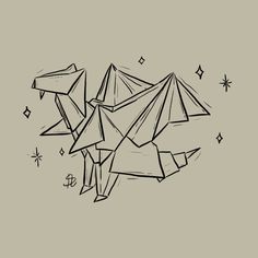 an origami horse drawn in black ink on a light gray background with stars