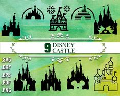 disney castle silhouettes are shown on a green watercolor background