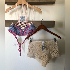 Zara Women’s Two Piece Lot Bikini, Coverup Crotchet Knit Style Both Size Small The Bottoms Can Be Worn As A Coverup , With Another Bottom Underneath. They Are Tan, Neutral Tone With Floral Accents. The Top Is Also Crotchet Halter, String Ties Are Top And Back For Adjustment. This Is A Colorful Tan, Blue And Pink Tone. Tags: Boho, Bohemian, Beachy, Western, Rodeo, Festival, Coachella , Concert , Indie, Desert, Hipster , Coastal Cowgirl, Embroidered ,Tassels , Fringe , , Beachy, Nautical Coastal, Bohemian Crochet Lace Swimwear For Festival, Beige Halter Neck Crochet Top For Beach, Summer Beige Crochet Halter Neck Top, Fitted Crochet Beachwear Top For Beach Party, Beige Halter Neck Crochet Top For Summer, Bohemian Fitted Swimwear For Festival, Handmade Crochet Top For Beach Season, Fitted Crochet Top For Beach, Fitted Crochet Top For Beach Party