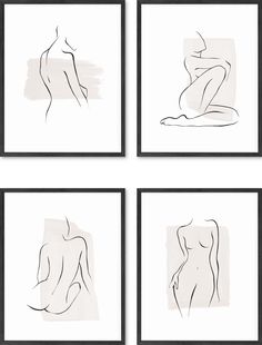 four black and white drawings of female nude torsos in three different frames on the wall