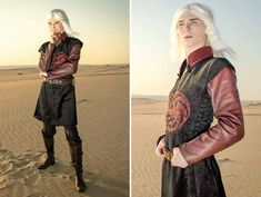 a man with white hair wearing a leather jacket and boots in the desert, standing on sand dunes