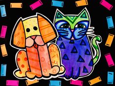 two cats and a dog sitting next to each other on a black background with colorful squares