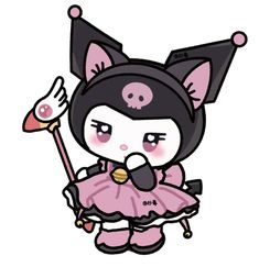 a cartoon cat with a pink dress and skull on it's head holding a microphone