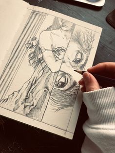 a person is holding a pencil and drawing on paper with two different images in the background