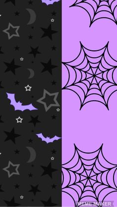 two black and pink wallpapers with bats, stars and spider web on them