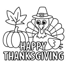 happy thanksgiving coloring page with a turkey wearing a pilgrim's hat and pumpkins