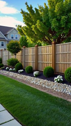 a fenced in yard with green grass and white flowers on the ground next to it