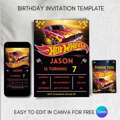 a birthday party flyer with a hot wheels car on it and an iphone next to it