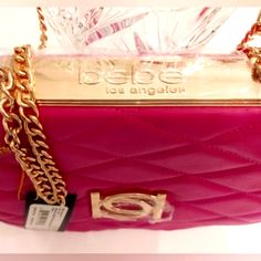 Hot Pink And Gold Quilted Bebe Cross Bodybag Nwt Pink Shoulder Bag With Gold-tone Hardware For Party, Pink Quilted Rectangular Shoulder Bag, Pink Bebe Purse, Pink Rectangular Diaper Bag With Zipper, Pink Rectangular Diaper Bag With Zipper Closure, Pink Rectangular Diaper Bag For On-the-go, Hot Pink And Gold, Neon Bag, Quilted Crossbody Bag