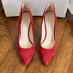 Red Suade Heels- Nine West. 8.5 Never Worn Red Heels With 4-inch Open Heel, Classic Red Heels, Medium Width, Modern Red Heels With 4-inch Heel, Luxury Red Heels With 4-inch Heel, Red Pointed Toe Heels With 4-inch Heel, Nine West Shoes, Nine West, Cosplay Costumes, Shoes Women Heels