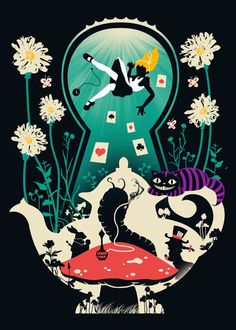 an illustration of alice and the wonderland teapots with flowers on it's sides