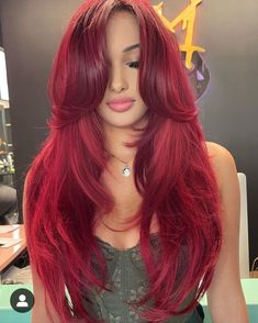 Red Hair Color With Highlights Balayage, Red Extensions Hair, Red Hair With Extensions, Red Hair Long Layers, Red Hair Inspo Color, Red Layered Hair, Scarlet Red Hair