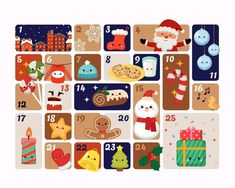 a christmas calendar with santa claus and other holiday related items on it's side