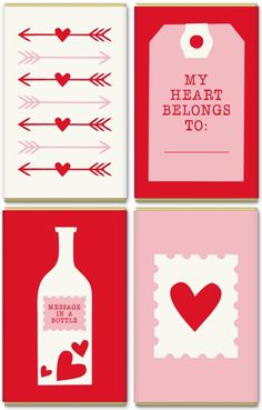 four valentine's day cards with hearts, arrows and heart shapes on them in red