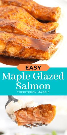 maple glazed salmon on a white plate with a fork in the foreground and text overlay reading easy maple glazed salmon