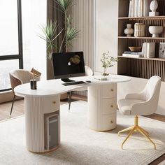 an office with a desk, chair and laptop on the table in front of a large window