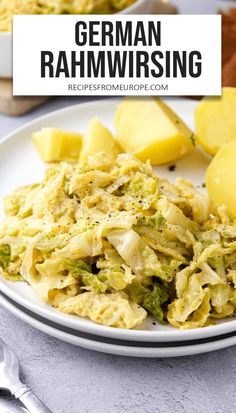 a white plate topped with pasta and potatoes