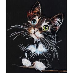 a cross stitch picture of a cat with green eyes and whiskers on it's tail