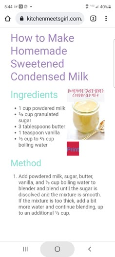 the ingredients for homemade sweetened milk are displayed on an iphone screen, with text below