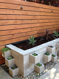 an outdoor garden area with concrete blocks and succulents in the planter