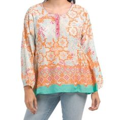 Sigrid Olsen Women's Embroidered Printed Boho Top Blouse Size M. New With Tags. Red Tunic Tops For Spring, Multicolor Printed Blouse For Spring, Spring White Blouse With Printed Motifs, Orange Floral Embroidered Long Sleeve Top, Long Sleeve Orange Top With Floral Embroidery, Orange Blouse With Floral Embroidery, Traditional Printed Blouse For Spring, Spring White Blouse With Block Print, Spring Tunic Blouse With Printed Motifs