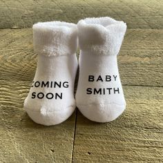 These adorable socks make the perfect baby announcement gift! **Listing is for 1 pair of socks** **Socks do not come pre stuffed** **Font size on socks may very depending on length of name** *Available Sizes:* 0-6 Month, 6-18 Month, 18-36 Month Want a different saying? Just message for a custom order. ~Care Instructions~ Machine wash in cold water with alike colors, do not bleach, hang to dry or tumble dry on low heat. Cute White Booties For Gift, Cute White Booties As A Gift, Cute White Booties As Gift, Personalized White Socks Gift, Baby Coming Soon, Baby Christmas Gift, Baby Christmas, Baby Coming, Welcome Baby