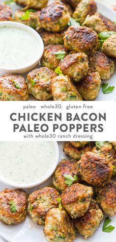 chicken bacon paleo poppers on a white plate with ranch dressing in the background