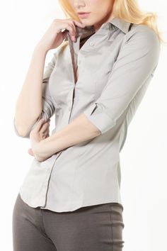 womens 3/4 sleeve shirt , casual shirts women, womens button down shirt, casual blouse women, womens work shirts Business Casual Stretch Button-up Blouse, Stretch Button-up Blouse For Business Casual, Chic Office Shirt With Button Closure, Solid Collared Office Shirt, Slim Fit Buttoned Office Blouse, Slim Fit Button Blouse For Office, Stretch Button-up Office Top, Slim Fit Office Blouse With Buttons, Chic Slim Fit Collared Blouse