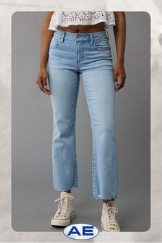 Next Level Stretch/Our softest, stretchiest, never-loses-its-shape denim/Holds its shape & won't bag out. Ever./Light wash/Raw destroy hem White Jeans Men, Aerie Bras, Athletic Fit Jeans, Dream Jeans, Curvy Jeans, Loose Jeans, Medium Wash Jeans, Women Denim Jeans, Shoes With Jeans