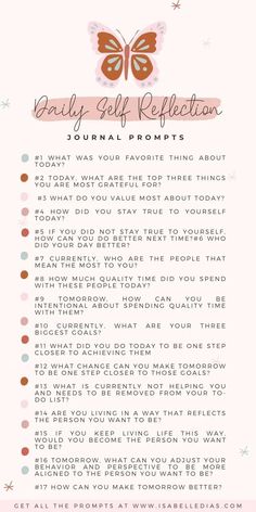 daily_self_reflection_journal_prompts_questions Daily Affirmation Journal Prompts, Self Reflection Journal Ideas, Daily Journal Prompts For Self Love, Positivity Journal Prompts, Journal Prompts For Self Love And Confidence, Journal Entry Prompts, Menstrual Phase Journal Prompts, Happiness Journal Prompts