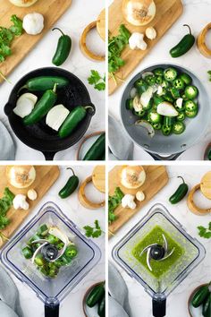 four pictures show the process of making green vegetables