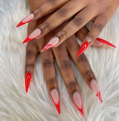 red classy stiletto nails#rednails#classy#sassynails Cute Stelito Nails, Short Sharp Nails Design, Red Steletoes Nails, Red Tip Stiletto Nails, Red French Stiletto Nails, Short Red Stiletto Nails, Short Stiletto French Tip Nails, Red Nails Inspo 2024, Red French Tip Nails Stiletto