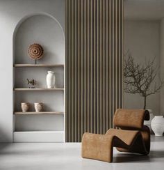 a living room filled with furniture next to a tall book shelf covered in vases