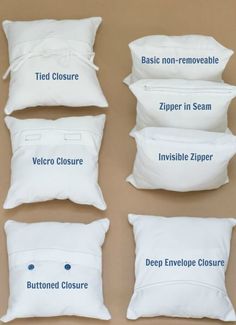 four pillows with different types of zipper closures on them, all labeled in blue