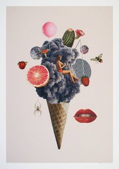 an ice cream cone filled with lots of different types of fruit and people on it