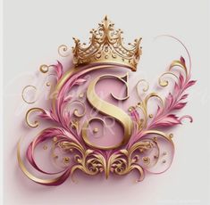 the letter s with a crown on top of it is surrounded by pink and gold swirls