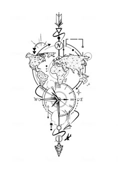 a black and white drawing of a compass with the world in it's center